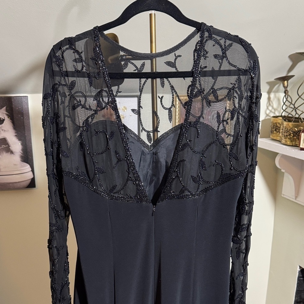 Vintage EUC Oleg Cassini Black Long Sleeve Semi Sheer Beaded Dress Low Cut Back - Picture 7 of 13